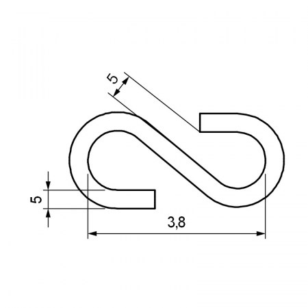 Gancio a S da 38 x 5 x 5 mm adatto per le connessioni tra catene - dimensioni